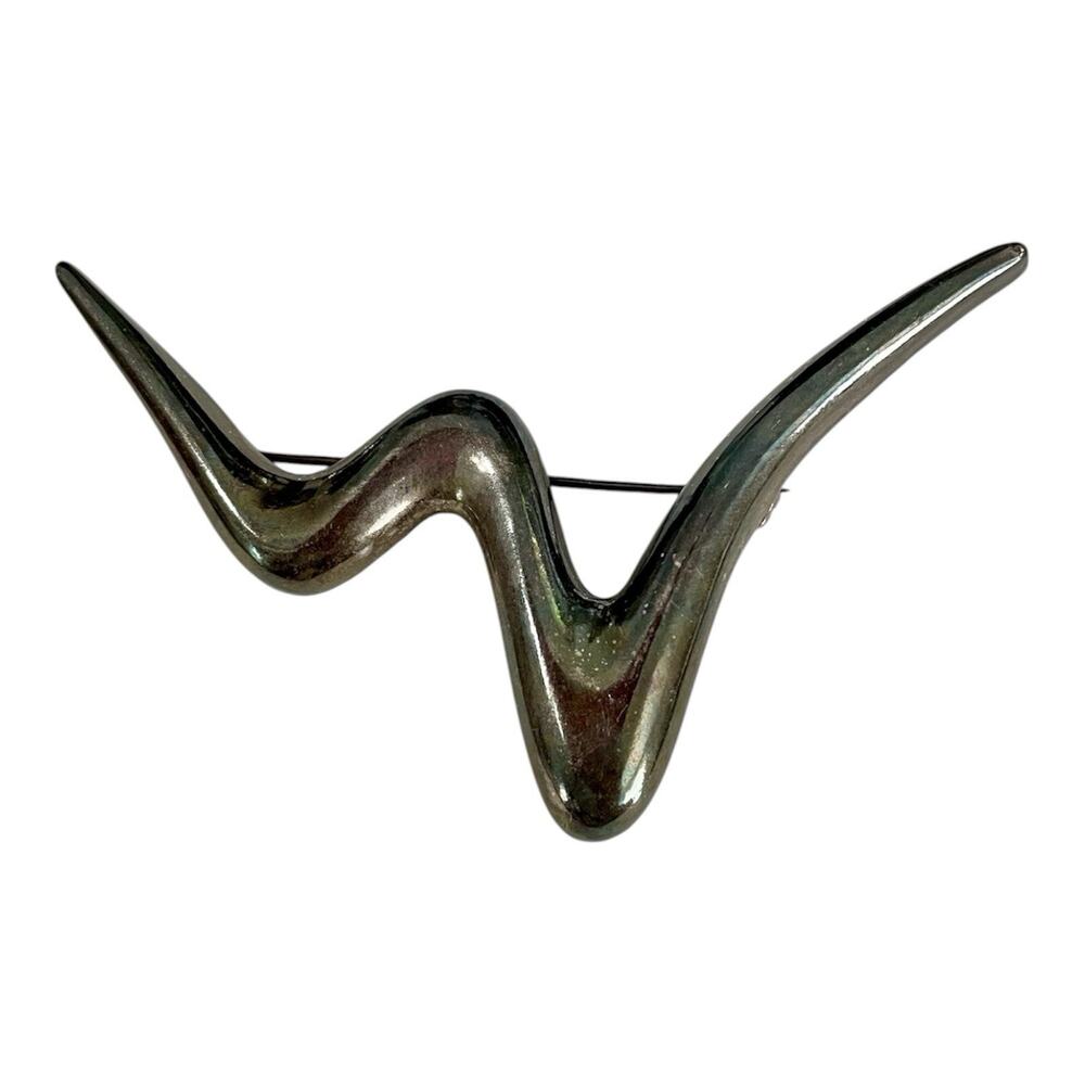 Vintage 1980s Solid Sterling Silver Zig Zag Squiggle Pin Brooch Modernist Artsy